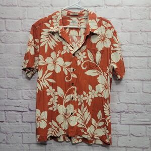 Quiksilver Waterman Hawaiian Shirt Mens XL Orange Floral Tailored Fit Tropical